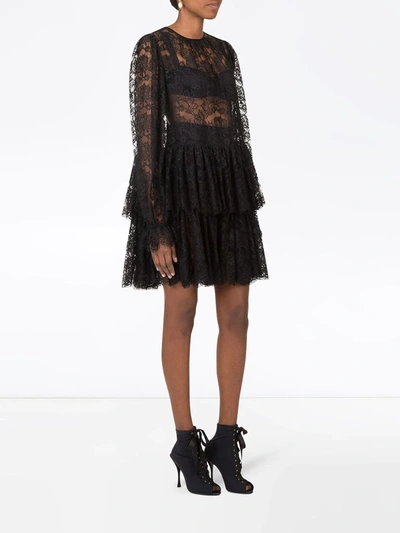 Shop Dolce & Gabbana Ruffled Short Lace Dress In Black