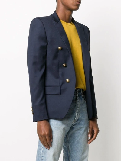 Shop Balmain Peaked Lapel Blazer In Blue