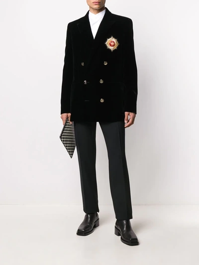 Shop Balmain Logo Patch Double-breasted Blazer In Black