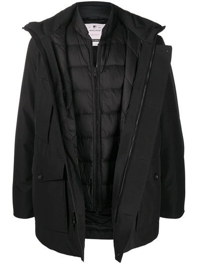 Woolrich Double Layered Hooded Coat In Black