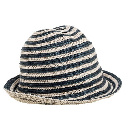 Pre-owned Giorgio Armani Ivory & Green Striped Straw Bucket Hat