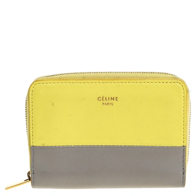 Pre-owned Celine Yellow/grey Leather Zip Around Coin Purse