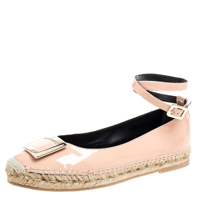 Pre-owned Roger Vivier Light Pink Patent Leather Buckle Ankle Wrap Espadrille Flats Size 39.5