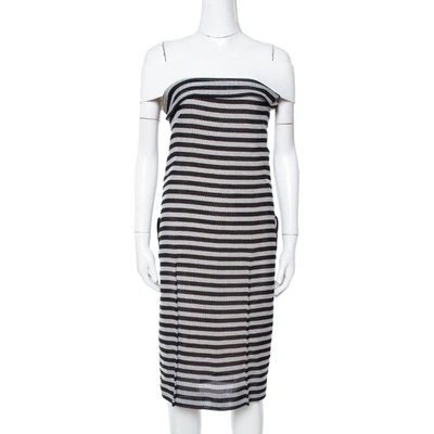 Pre-owned Roland Mouret Monochrome Striped Cotton Basketweave Layan Dress M In Black