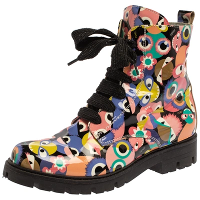 Pre-owned Fendi Multicolor Bag Bugs Printed Patent Leather Combat Boots Size 35