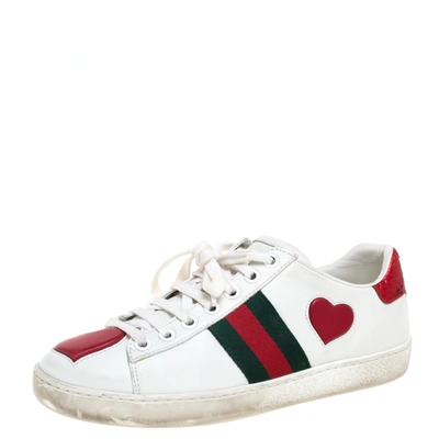 Pre-owned Gucci White Leather Ace Web Heart Detail Lace Up Sneaker Size 34.5