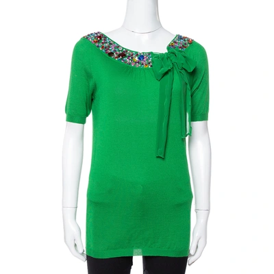 Pre-owned Dior Green Cashmere & Silk Knit Embellished Neck Top M