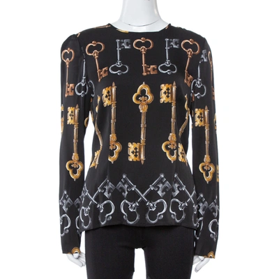 Pre-owned Dolce & Gabbana Black Key Print Silk Long Sleeve Blouse L