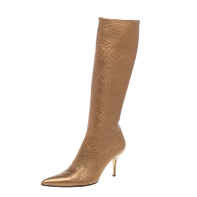 Pre-owned Dolce & Gabbana Dolce And Gabbana Metallic Beige Textured Leather Pointed Knee Boots Size 40.5