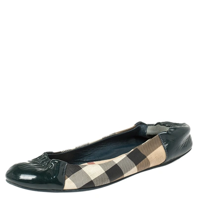 Pre-owned Burberry Green Patent Leather And Nova Check Canvas Scrunch Ballet Flats Size 36.5