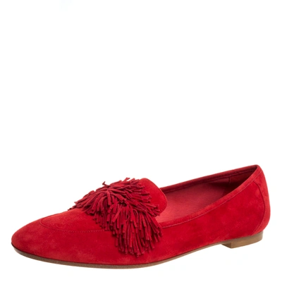Pre-owned Aquazzura Red Suede Leather Wild Thing Fringe Slip On Loafers Size 38