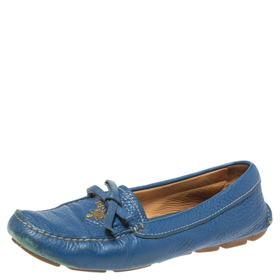 Pre-owned Prada Blue Leather Bow Slip On Loafers Size 35