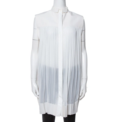 Pre-owned Celine Off White Cotton Pleated High Low Hem Blouse M
