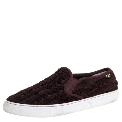 Pre-owned Tory Burch Dark Brown Fabric Rosette Slip On Sneakers Size 40.5