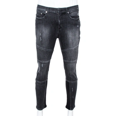 Pre-owned Neil Barrett Grey Ribbed Denim Regular Rise Skinny Fit Biker Jeans L