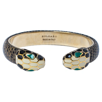 Pre-owned Bvlgari Serpenti Forever Brown Lizard Skin Gold Plated Open Cuff Bracelet