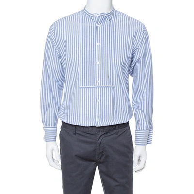 Pre-owned Burberry Blue Striped Cotton Pleat Front Benfleet Double Cuff Shirt L