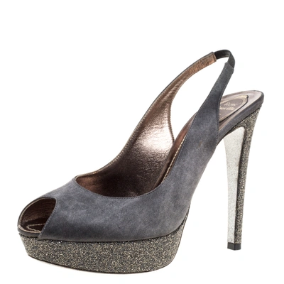 Pre-owned René Caovilla Rene Caovilla Grey Satin Peep Toe Slingback Platform Sandals Size 40.5