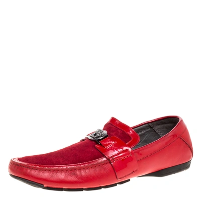 Pre-owned Versace Red Leather And Suede Medusa Detail Slip On Loafers Size 45