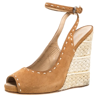 Pre-owned Giuseppe Zanotti Brown Suede Leather Peep Toe Wedge Espadrille Ankle Wrap Sandals Size 38