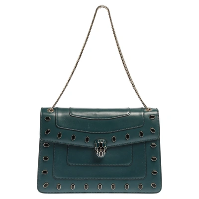 Pre-owned Bvlgari Green Leather Medium Studded Serpenti Forever Flap Shoulder Bag