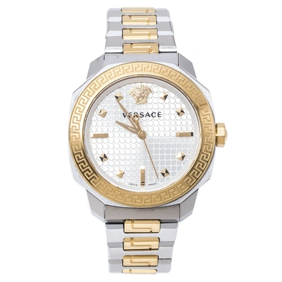 Pre-owned Versace White Yellow Gold Plated And Stainless Steel Dylos Vqd140016 Women's Wristwatch 35 Mm