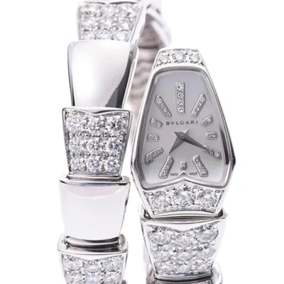 Pre-owned Bvlgari Silver Diamonds 18k White Gold Serpenti K18wg Women's Wristwatch 16 Mm