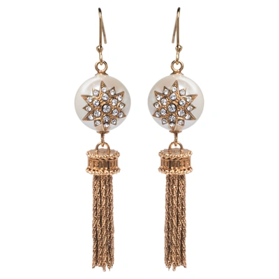 Pre-owned Fendi Gold Tone Crystal & Faux Pearl Tassel Earrings