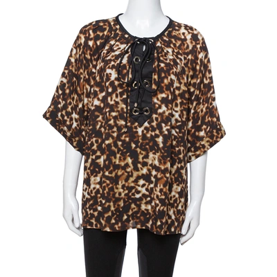 Pre-owned Roberto Cavalli Brown Printed Silk Crepe Tie Front Blouse L