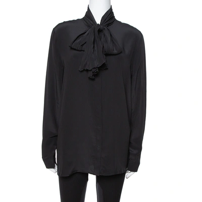 Pre-owned Versace Black Silk Tie Neck Detail Button Front Blouse L