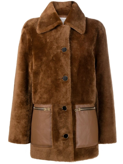 Shop Sandro Buttoned-up Shearling Coat In Brown
