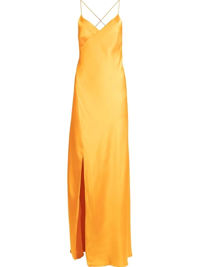 Shop Michelle Mason Silk Front-slit Maxi Gown In Orange
