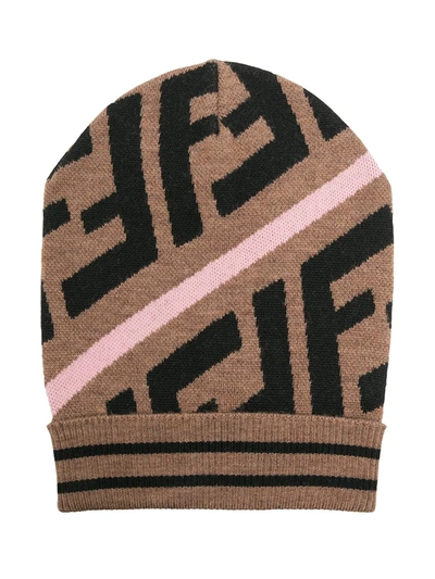 Shop Fendi Ff Motif Intarsia-knit Hat In Brown