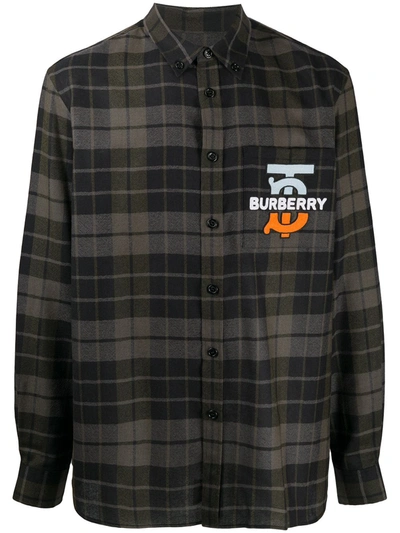 Shop Burberry Checked Logo-embroidered Shirt In Schwarz