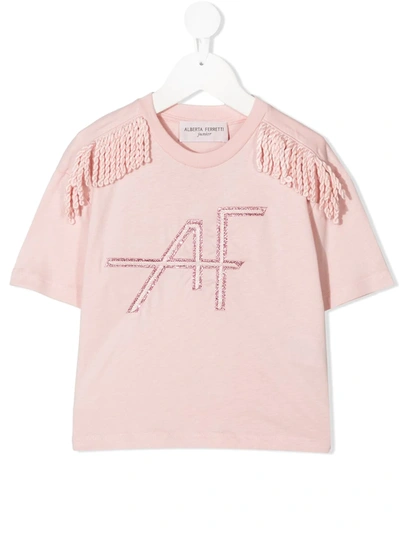 Shop Alberta Ferretti Fringe-trimmed T-shirt In Pink