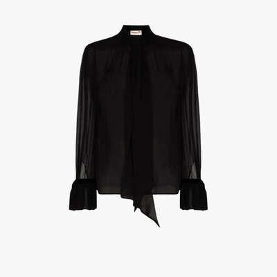 Shop Saint Laurent Tie Neck Silk Blouse In Black