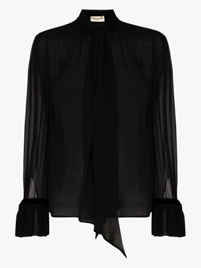 Shop Saint Laurent Tie Neck Silk Blouse In Black