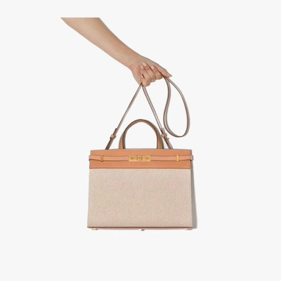 Shop Saint Laurent Neutral Manhattan Small Leather Top Handle Bag In Neutrals