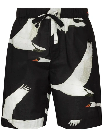 Shop Desmond & Dempsey Cygnus Swan-print Knee-length Shorts In Black