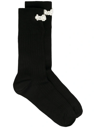 Shop Simone Rocha Faux-pearl Embellished Rib-knit Socks In Black