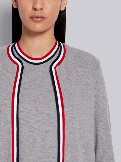 THOM BROWNE LIGHT GREY COTTON PIQUE TRICOLOR RIB TRIM CREWNECK CARDIGAN