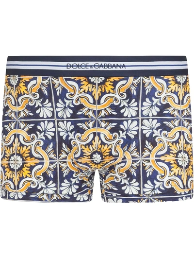 Shop Dolce & Gabbana Maiolica-print Cotton Boxers In Blue