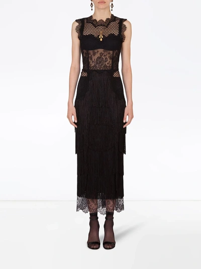 Shop Dolce & Gabbana Fringe-detail Lace Sheath Dress In Black