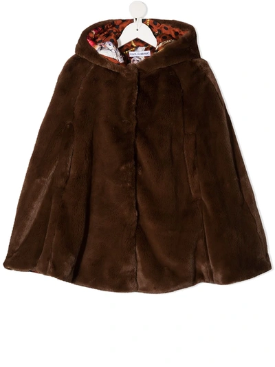 Shop Dolce & Gabbana Faux-fur Hooded Cape Coat In Brown