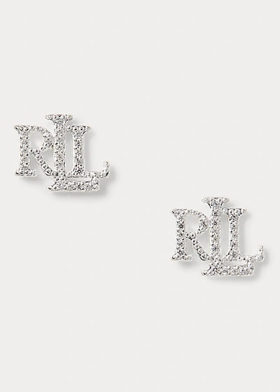 Shop Lauren Ralph Lauren Sterling Silver Logo Earrings In Silver/ Crystal