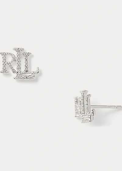 Shop Lauren Ralph Lauren Sterling Silver Logo Earrings In Silver/ Crystal
