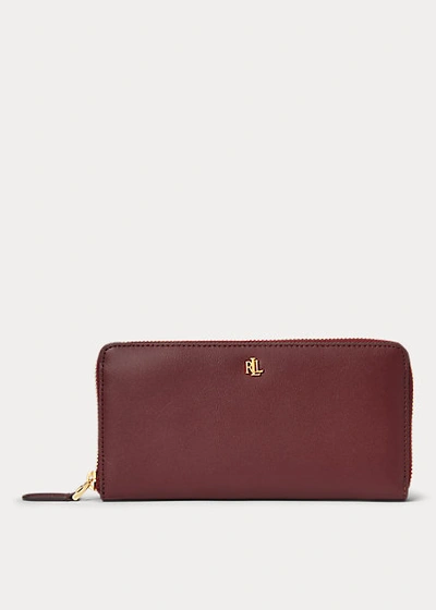 Shop Lauren Ralph Lauren Leather Continental Zip Wallet In Black/crimson