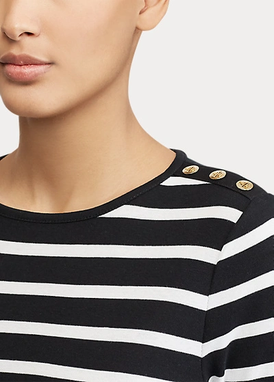 Shop Lauren Ralph Lauren Striped Button-shoulder Top In Black/white