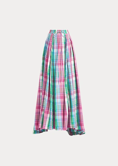 Shop Ralph Lauren Kimberley Madras Skirt In Pink/green Multi