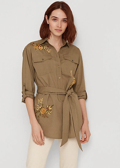 Shop Lauren Ralph Lauren Floral Belted Cotton Shirt In Dry Olive
